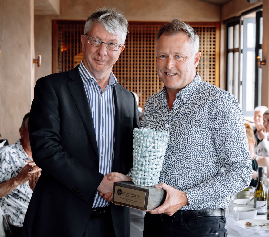 John Patterson of MRC presents the Legacy Trophy to Jamie Marfell, Brancott Estate