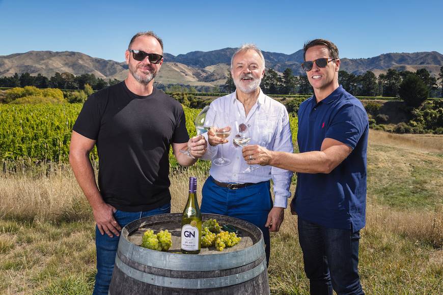 Graham Norton and Invivo Co-founders Rob Cameron and Tim Lightbourne in the Awatere.