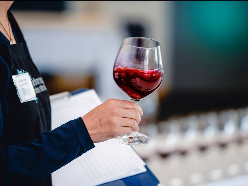 Judge with glass of red wine - 2025 Marlborough Wine Show